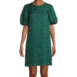 MILLY Melinda Short-Sleeve Leopard-Print Silk Shift Dress | Emerald Green Mini 2